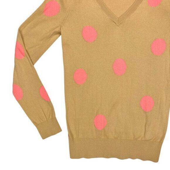 LOFT V-Neck Sweater Women Xs Tan Polka Dot Pink Minimalist Modest Neutral Modern - Picture 3 of 16